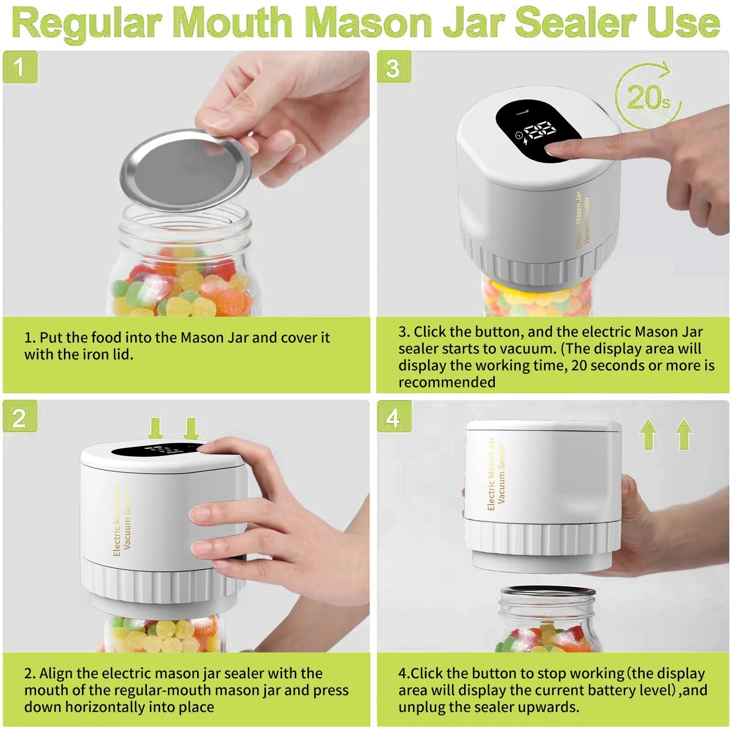 Electric Mason Jar Vacuum Sealer, Cordless Vacuum Sealer Kit for Wide-Mouth and Regular-Mouth Mason Jars, for Food Storage